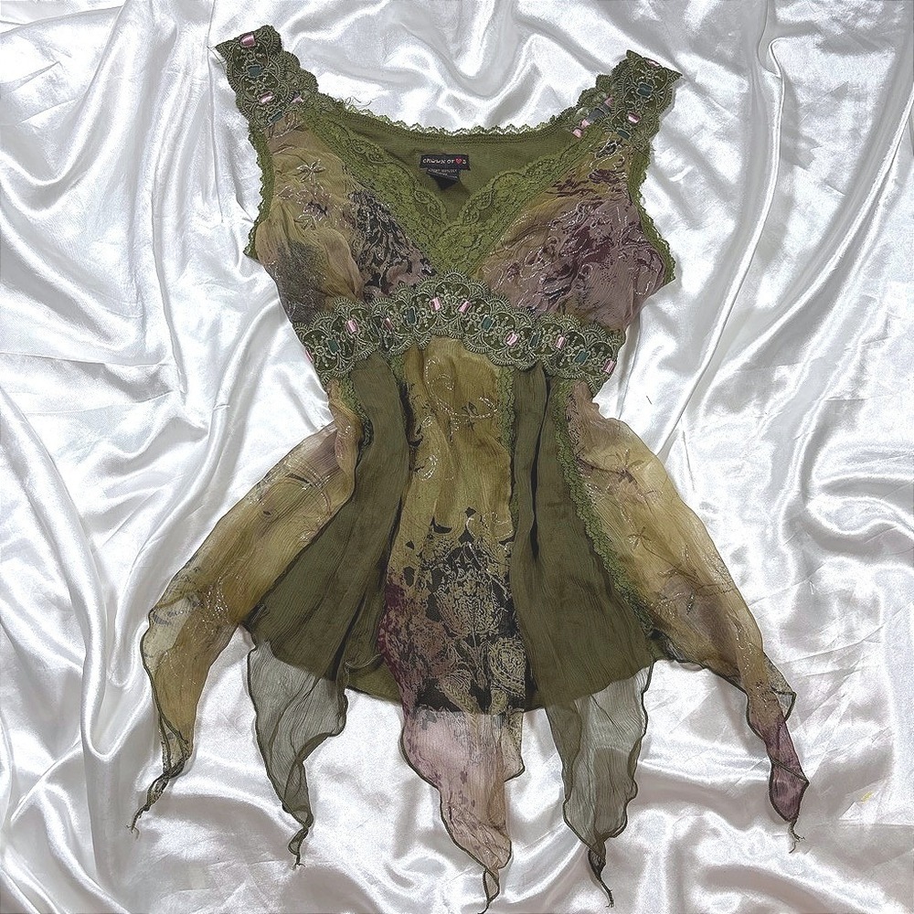 y2k Silk Tank Top Green Good Lace Trim Handkerchief Hem Fairy Crown of Hearts
